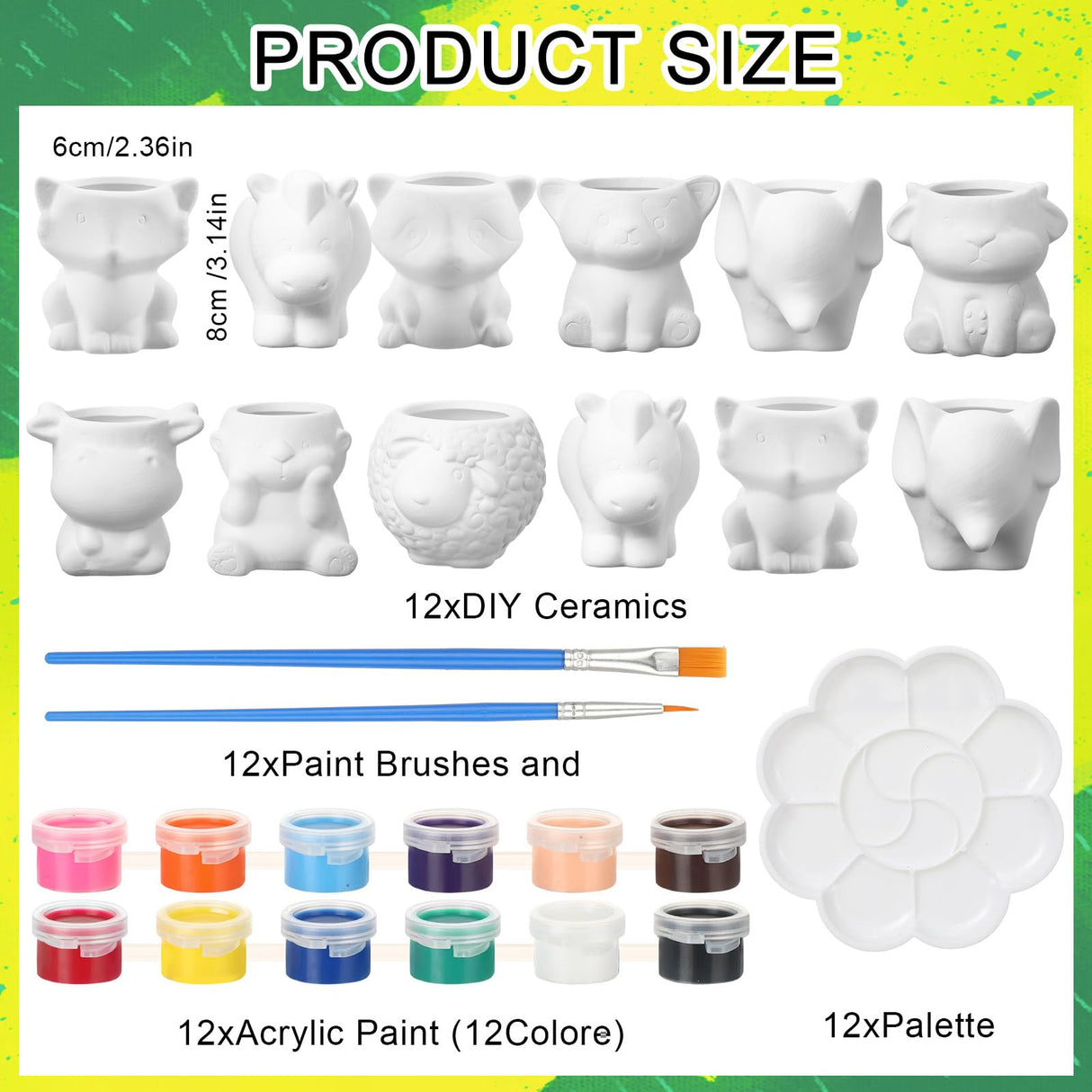 Hushee 12 Sets DIY Ceramic Succulent Pots Ready to Paint Animal Planters Unpainted Plant Flower Pots Bulk with Drainage Hole and Bisque Paint for Kids Adults Craft Christmas Hushee
