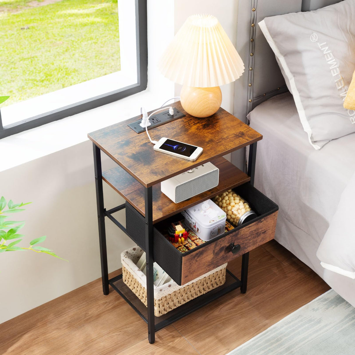 LOAKEKEL Night Stand Set 2, Nightstand with Charging Station, End Tables Living Room with Fabric Drawer for Small Spaces, Side Tables with Storage Shelf for Bedroom, Rustic Brown HETS010PBR LOAKEKEL