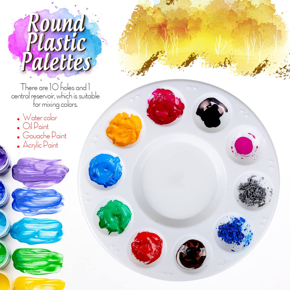 FANDAMEI Round Paint Palette Tray, Paint Tray Palettes Plastic Paint Tray Palette, Paint Trays for Kids, Paint Pallets with 10 Wells for Adults & Kids, for Painting or DIY Craft Class, White, 2 PCS Fandamei