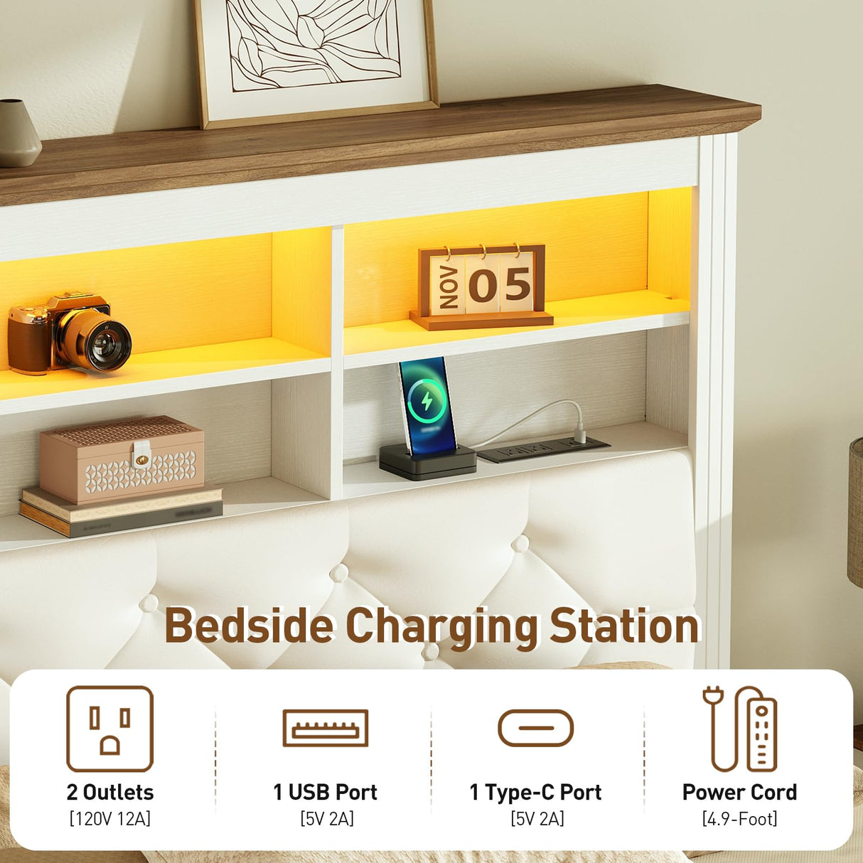 RALGEND Farmhouse Full Size Bed Frame with 51.2" Tall Storage Headboard, Upholstered Platform Bed Frame with Bookcase Headboard and LED Light, No Box Spring Needed, White and Walnut RALGEND