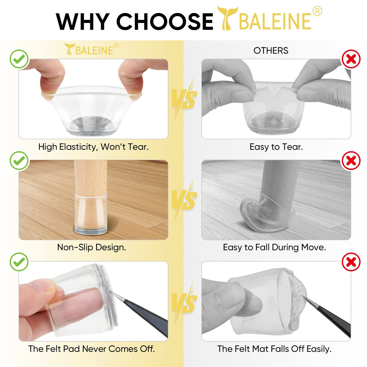 BALEINE 16 Pack Silicone Chair Leg Floor Protectors, Stool Leg Protectors Cap, Non-Slip Chair Leg Caps for Hardwood Floors (Clear & Small, 16 Pack) BALEINE