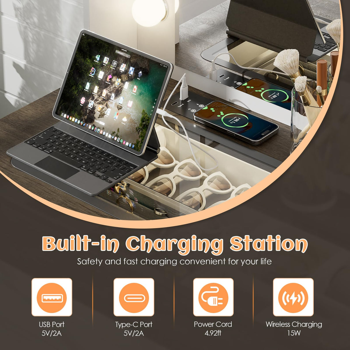 BROTTAR Large Vanity Desk with Mirror and Lights, Farmhouse Makeup Vanity with Wireless Charging Station, White Dressing Table with 2 Drawers & Storage Cabinet for Bedroom, Dressing Room BROTTAR