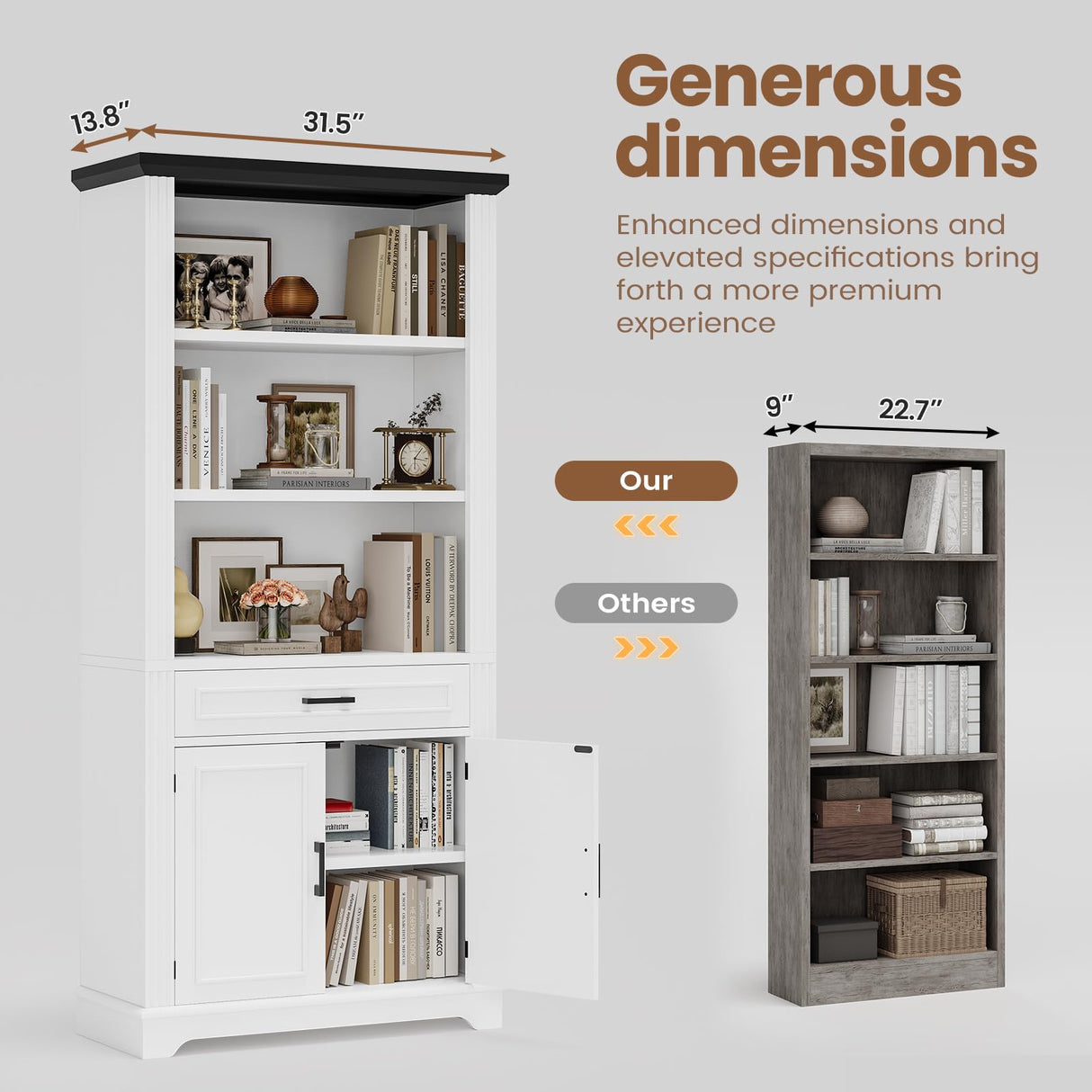 SEDETA Farmhouse Bookshelves and Bookcases with Doors and Drawer, Bookshelf with Storage, Floor Standing 6 Shelf Display Storage Shelves 70 in Tall Bookshelf for Home Office, Living Room, White SEDETA