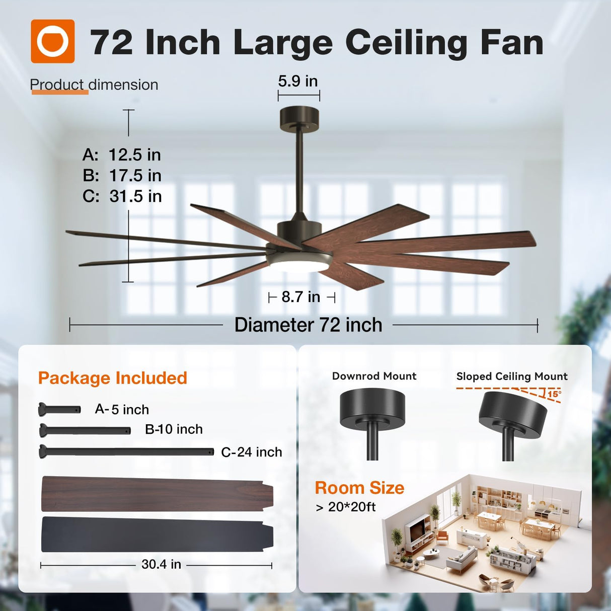 addlon 72 Inch Large Ceiling Fans with Lights, Black Ceiling Fan with Remote Control, Reversible, 5CCT, Dimmable, DC Motor, Modern Ceiling Fan for Living Room, Kitchen, Patio Indoor/Outdoor Use, addlon