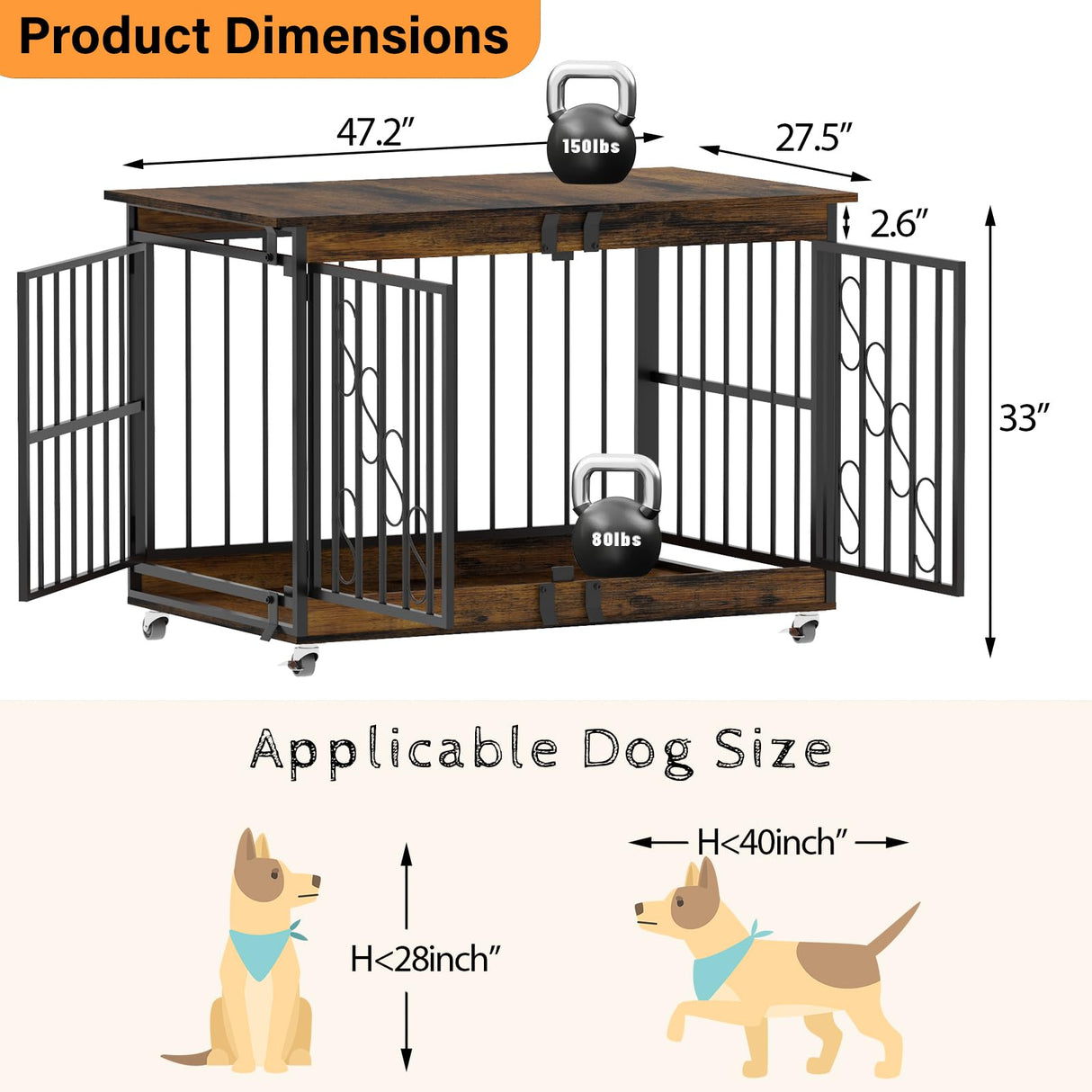 COZPAW Dog Crate Furniture, 48 Inch Dog Crates for Medium/Large Breed, Farmhouse Wood Metal Kennel Indoor Heavy Duty Pet Cage with Caster Wheels (Brown) COZPAW