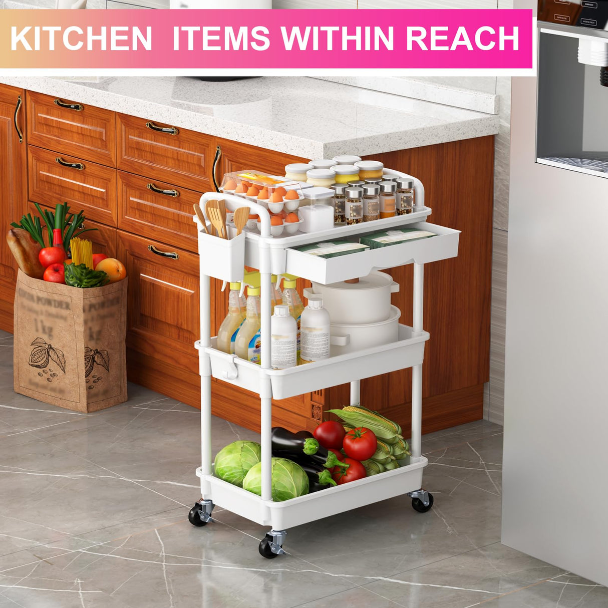 Goovilla 3 Tier Rolling Utility Cart Organizer with Removable Drawer, Stable and Sturdy White Rolling Storage Carts with 2 Lockable Wheels for Bathroom, Kitchen, Snack, Craft, Makeup, Baby Essentials Goovilla
