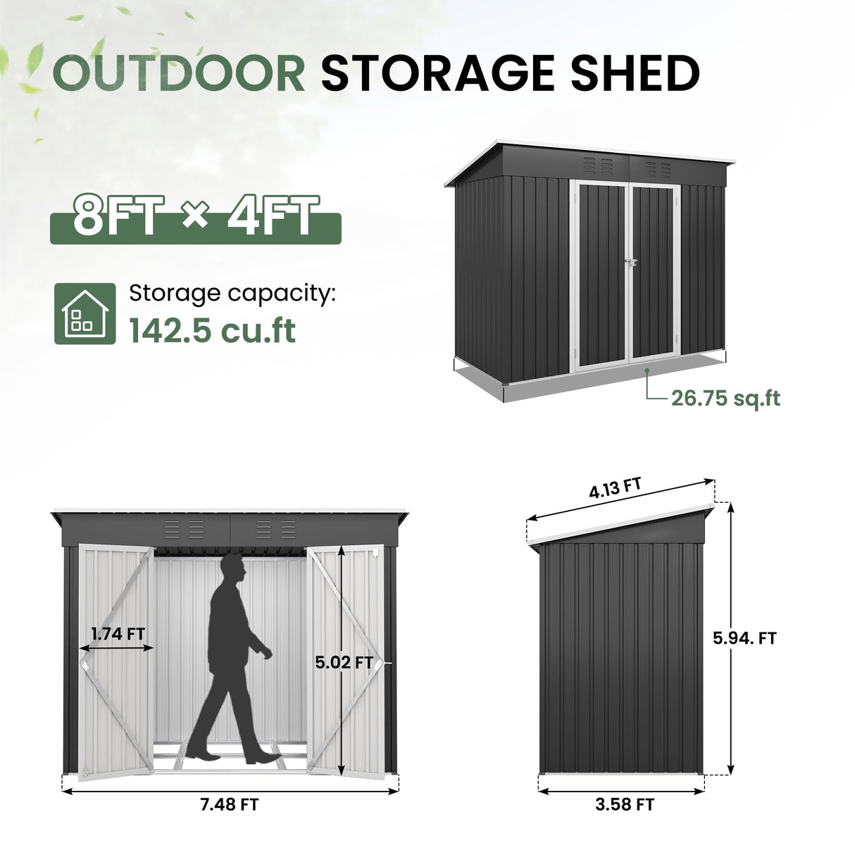 VONZOY 8x4 FT Outdoor Storage Shed,Metal Shed Garden Shed with Lockable Door for Bike, Garbage Can,Tool Shed for Backyard,Patio,Lawn(Grey) VONZOY