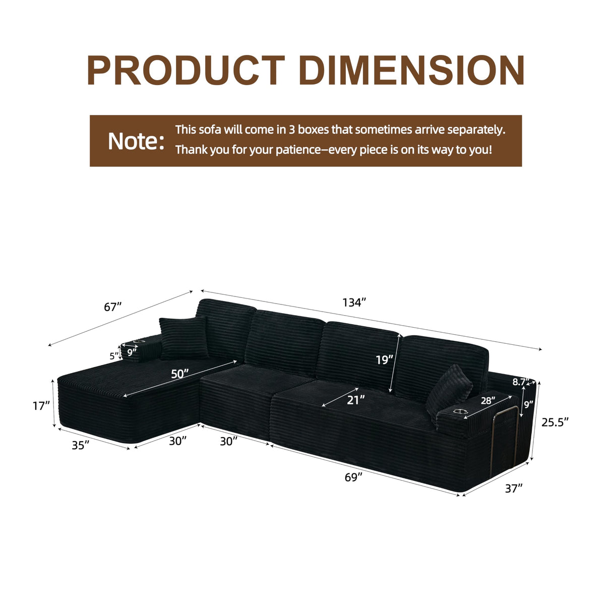 133" Cloud Sectional Couch with L-Shape Chaise,Modern Minimalist Upholstered Couches with Deep Seat,Corduroy Boneless Couches for Living Room Bedroom,No Assembly Required (Black,Left Facing Chaise) soothroom