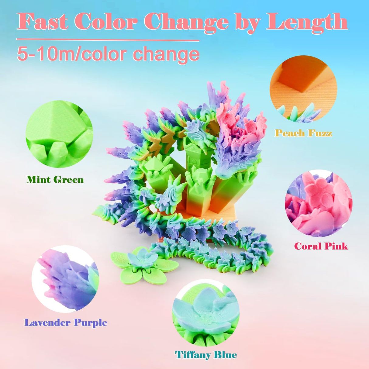 LOVOON Rainbow 3D Printing PLA Filament 1.75mm,Color Shift by Length, Multicolor Changing Filament with Matte Tiffany Blue/Mint Green/Pink/Purple/Peach Fuzz, Fit Most 3D Printer&Pen,1KG(2.2lbs)/Spool LOVOON