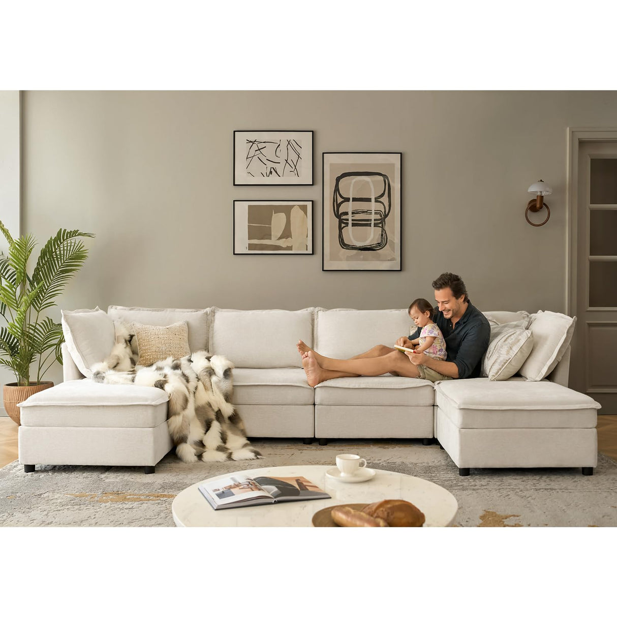 HULALA HOME 127'' Modular Sectional Sofa, Oversized U Shaped Couch with Storage Ottoman, Extra Deep Seat, Modern Comfy Chenille Sofa with Chaise, 6 Seat Convertible Couches for Living Room, Biege HULALA HOME