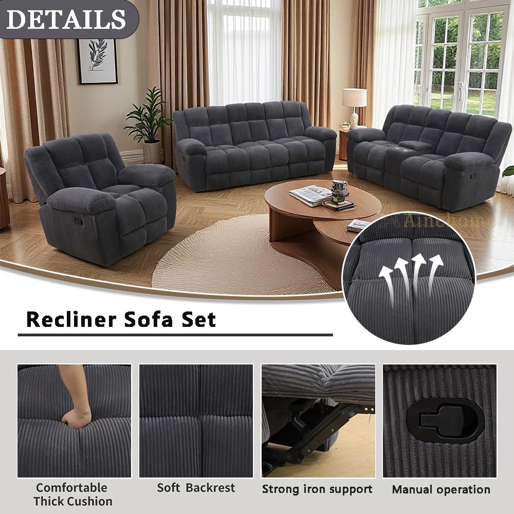 A Ainehome Manual Recliner Sofa Set, Corduroy Recliner Loveseat, Living Room Furniture Set Modern Loveseat Sofa, Reclining Couches for Living Room/Office(3 Piece Set, Dark Grey) A Ainehome