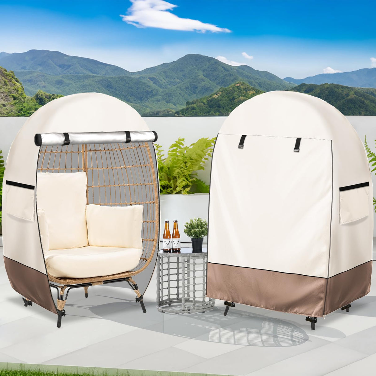 okcool Outdoor Egg Chair Cover,Waterproof Egg Chair Cover with Zipper for Wicker Patio Basket Chair(Beige & Brown,Fits 43" L *25" W*55.1" H Egg Chair) okcool