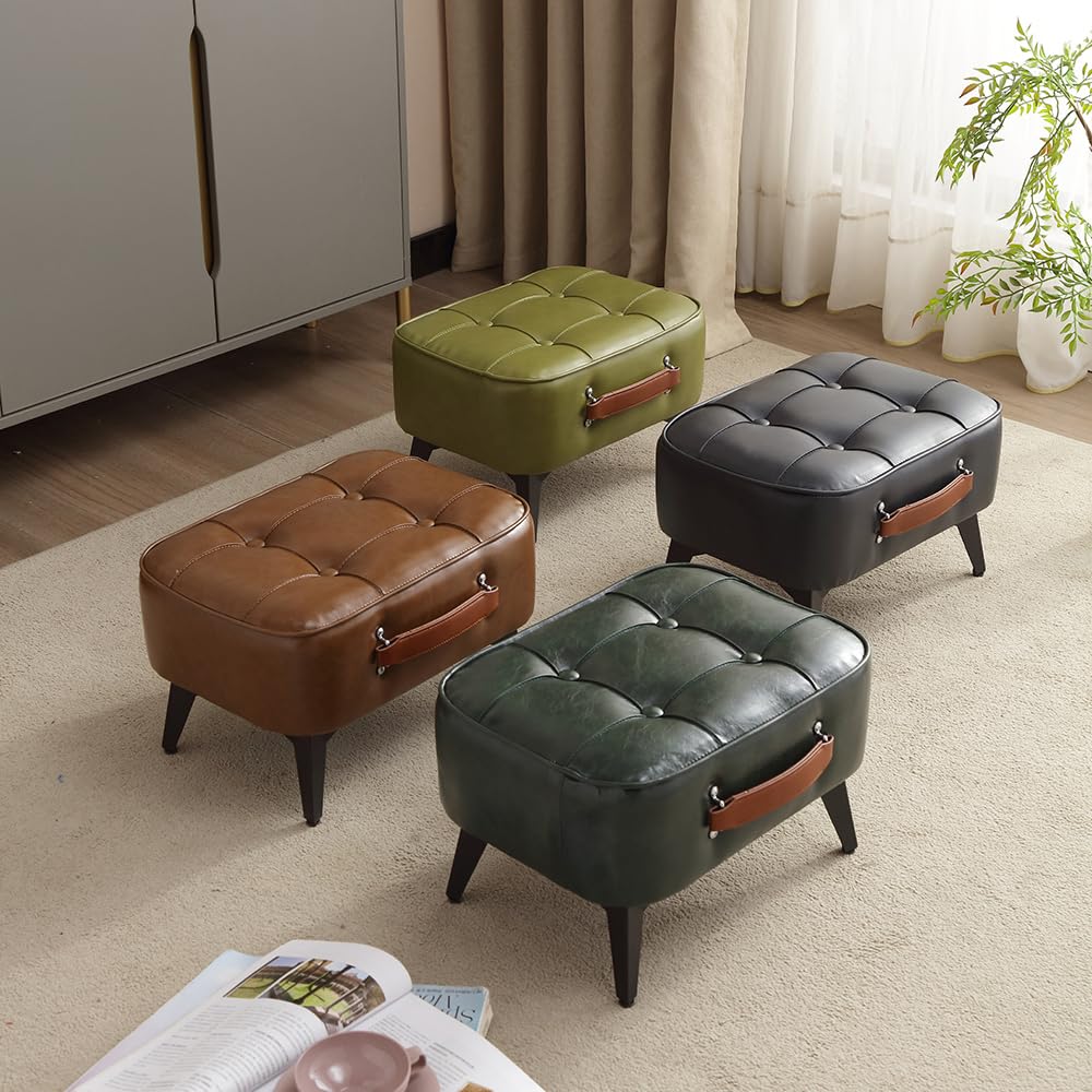 1pc Vintage Style Faux Leather Ottoman Footstool - Wooden Frame, Upholstered Interior, Multi-Use Footrest for Living Room, Entryway, Office (Azure Green) Generic