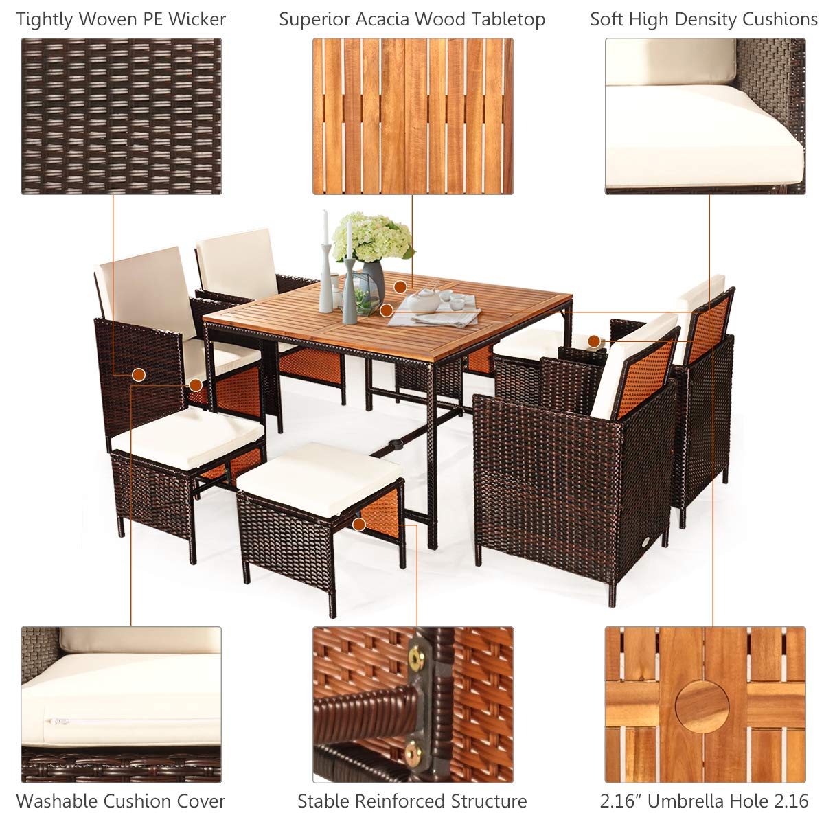 Tangkula 9 Pieces Acacia Wood Patio Dining Set, Space Saving Wicker Chairs and Wood Table with Umbrella Hole Outdoor Furniture Set, Suitable for Garden, Yard, Poolside, Outdoor Seating Set (White) Tangkula