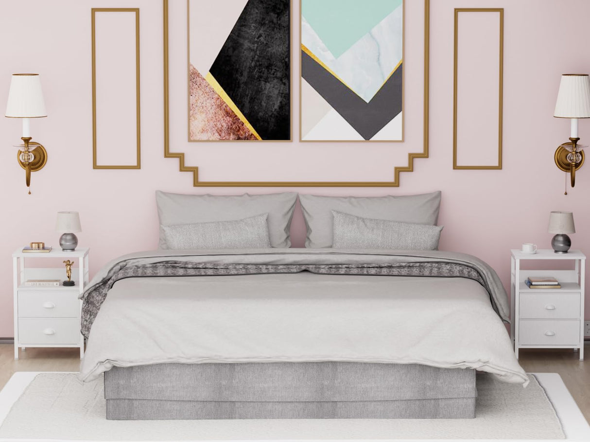 Furologee Nightstand with 2 Fabric Drawers, White Bedside Table, End Table with 2-Tier Shelf, Side Table with Hooks and Wood Top for Bedroom/Living Room/Hallway/White Furologee