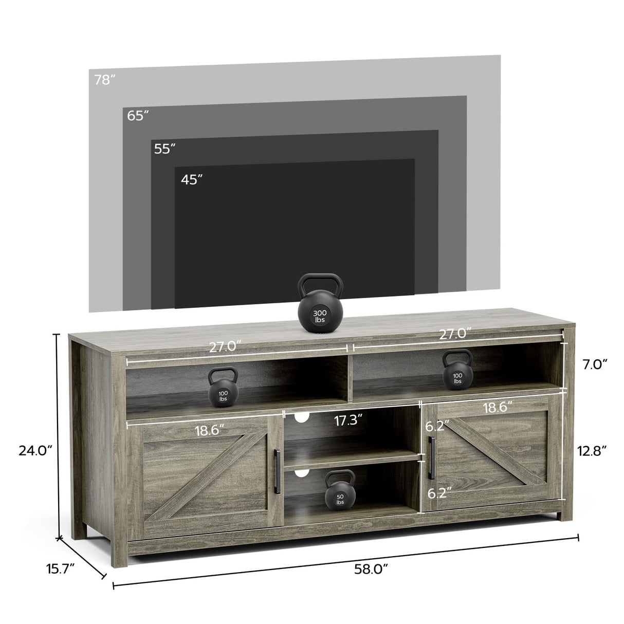 Viplive Farmhouse TV Stand for Bedroom, TV Stand for 65 Incn TV, Universal TV Stand with Ample Storage Cabinets, Media Furniture with Entertainment Center and Console Table for Living Room Viplive