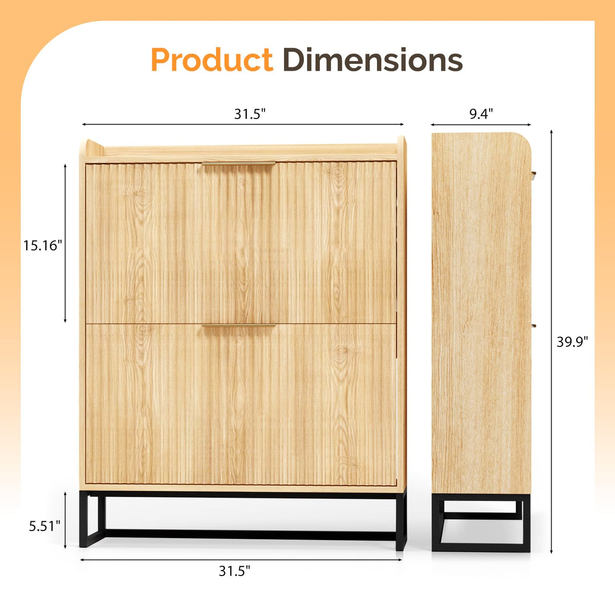 VINGLI Fluted Shoe Cabinet Storage for Entryway,Hidden Shoes Storage Cabinet with 2 Flip Drawers, Mid Century Modern Shoe Rack Organizer,Free Standing Shoes Organizer for Hallway(Natural Oak) VINGLI