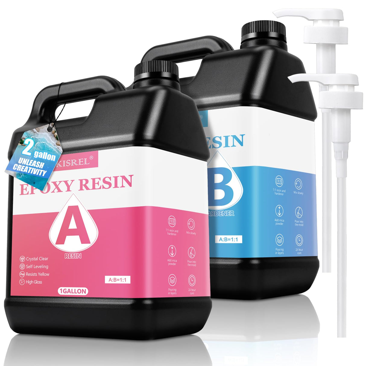KISREL Epoxy Resin 2Gallon - Crystal Clear Epoxy Resin Kit - No Yellowing No Bubble Art Resin Casting Resin for Art Crafts, Jewelry Making, Wood & Resin Molds(1 Gallon x 2) KISREL