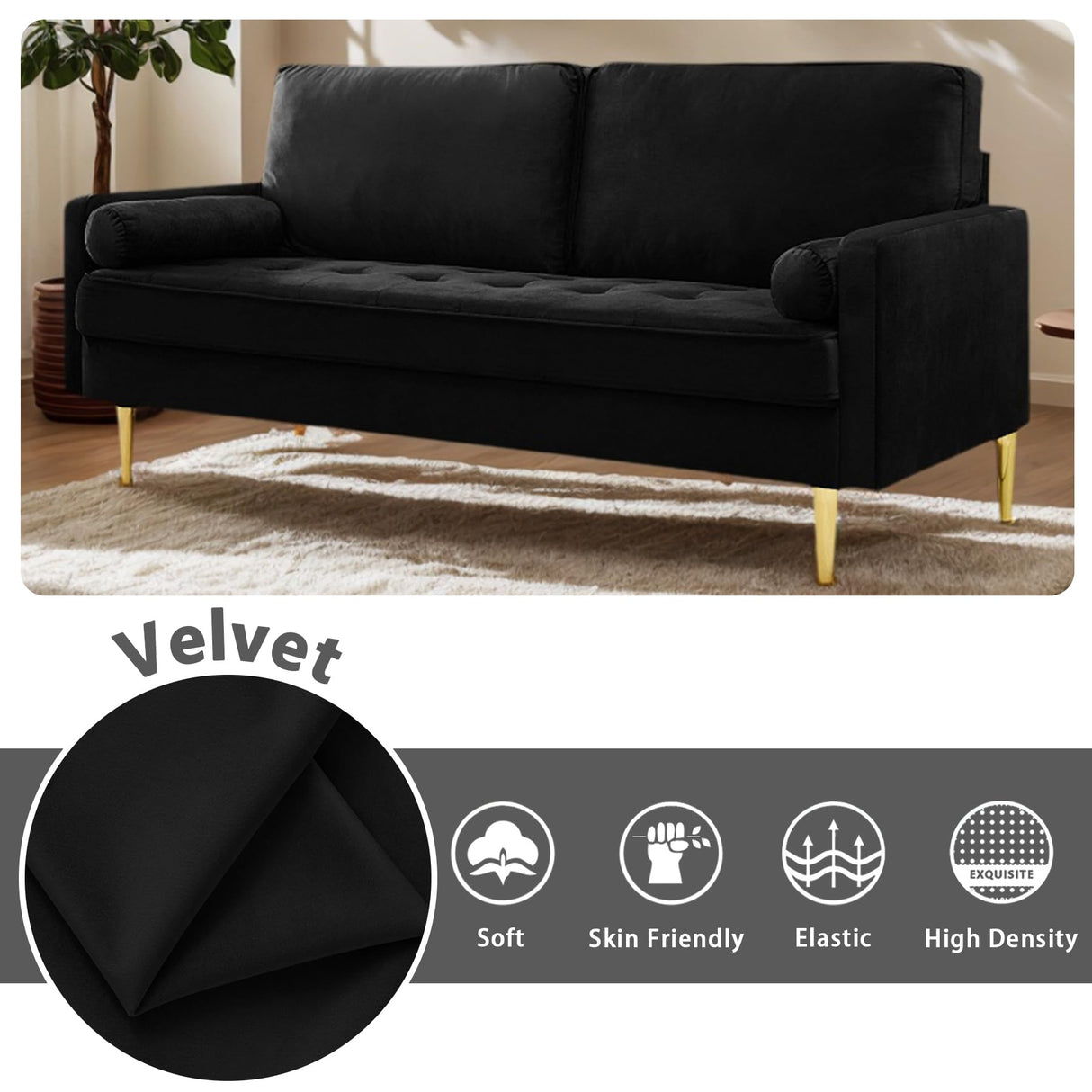 Thctvous 65" Loveseat Sofa with 2 Pillows, Comfy Love Seat Cuches with Gold Legs,Velvet Small Couchs for Living Room Bedroom Office Apartment,Mid Century Modern Couch (Black) Thctvous