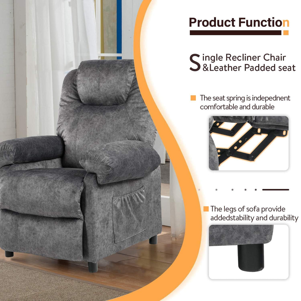 KCREAM Grey Overstuffed Massage Recliner Chair Living Room Chairs for Adults with Side Pockets Fabric Manual Small Recliner with Heating Push Back Recliner Single Sofa Chair KCREAM