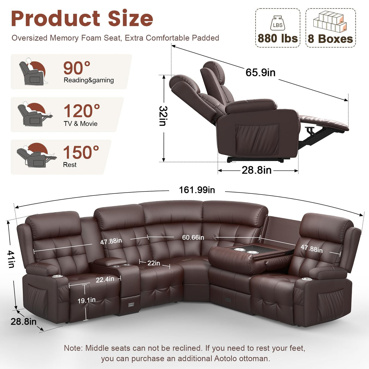 Reclining Sectional Couches for Living Room, L Shaped Large Sectional Reliner Sofa, Faux Leather Couch, Home Theater Seating with Console, Recliner Couch & Sofa Aotolo