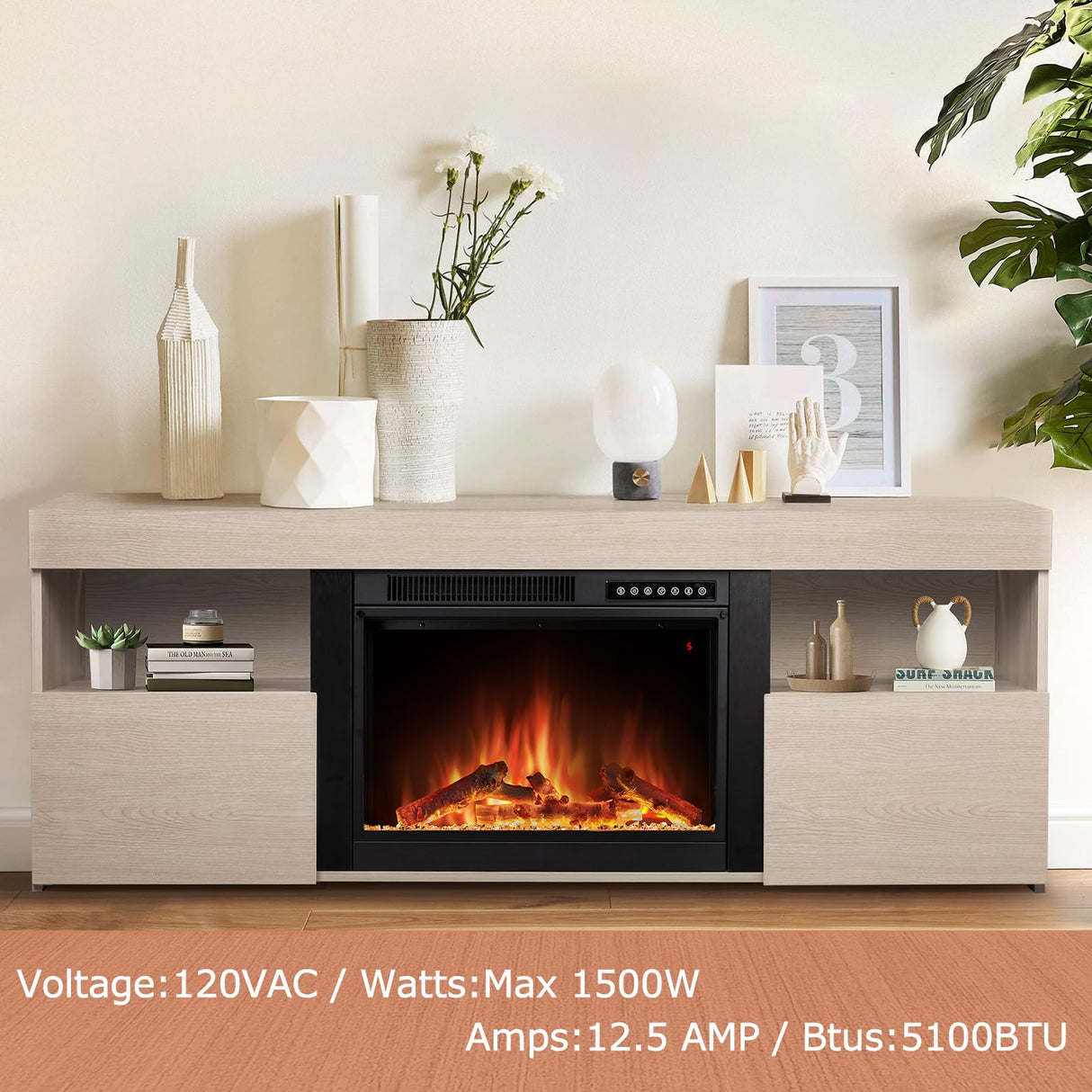 Xbeauty 60" Fireplace Tv Stand Mantel Wood Surround Firebox Freestanding Corner Fireplace Heater Infrared Quartz Heater Adjustable Led Flame, Remote Control,Lightoak Xbeauty