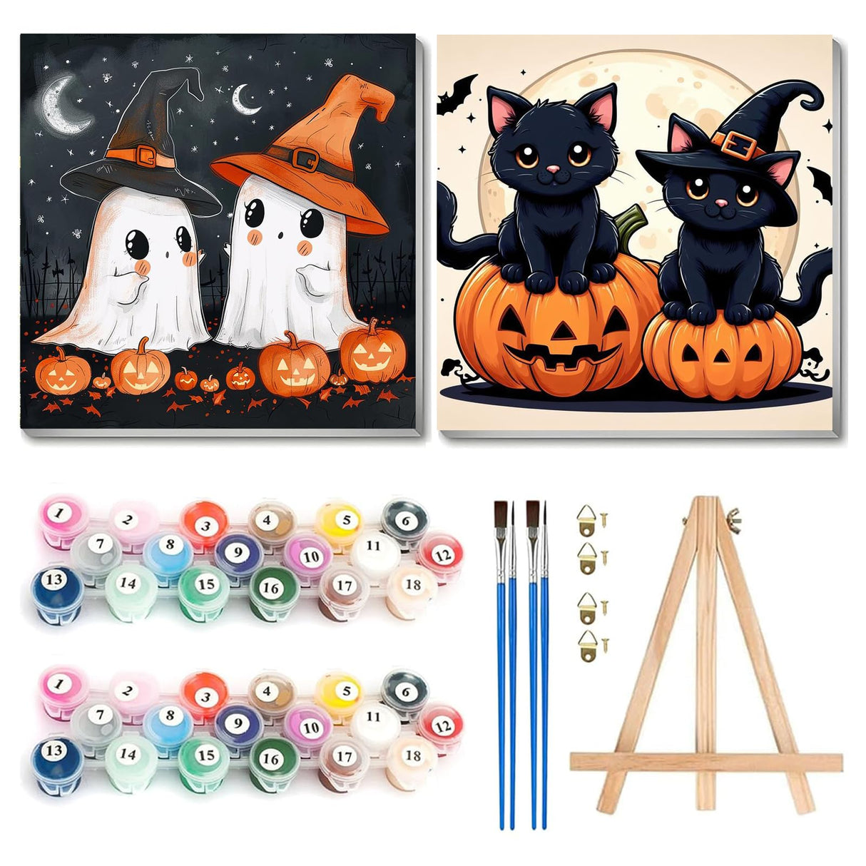 cviokrdu 2 Pack Paint by Numbers Kit for Kids with Frame-Wooden Easel, Halloween Paint by Numbers for Kids Ages 4 8 12, Easy Halloween Acrylic Oil Painting Kits for Home Wall Decoration 8x8 inch cviokrdu