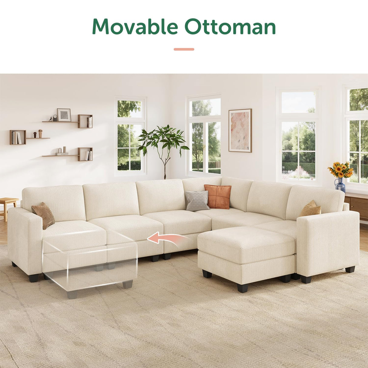 HONBAY Corduroy Sectional Couch with Storage U Shaped Sectional Sofa Modular Sectional Couches for Living Room, Beige HONBAY