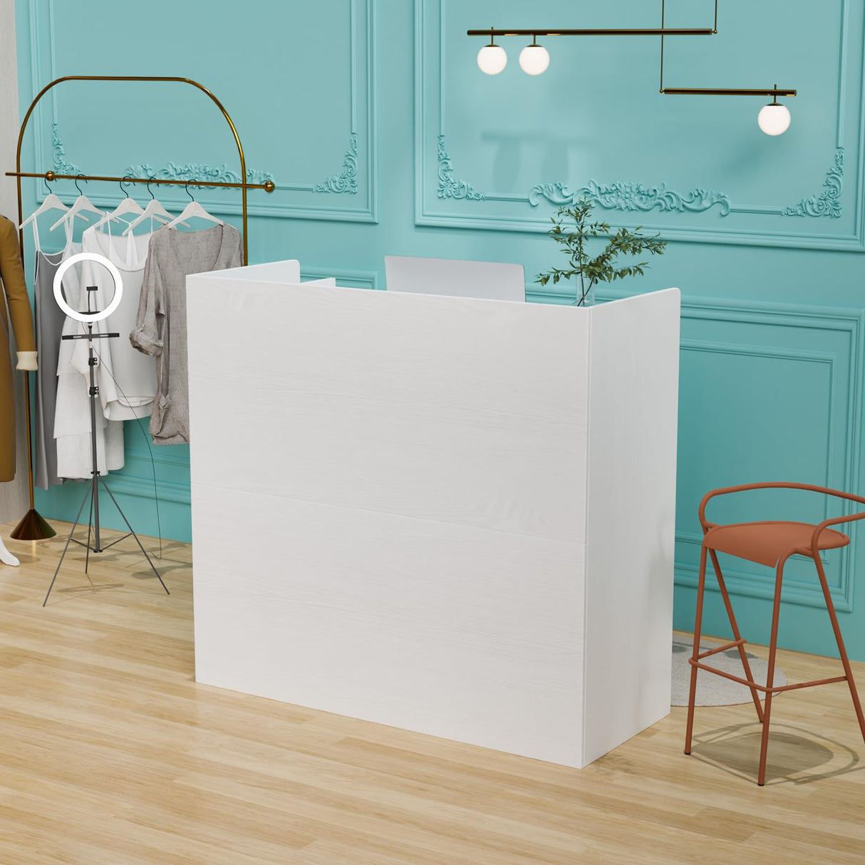 OmySalon Modern Reception Desk, Front Table Counter with Lockable Drawers and Moveable Shelves, Receptionist Desk Retail Checkout, for Lobby Beauty Salon Office, White (47.2”W x 18.9”D x 43.7”H) OmySalon