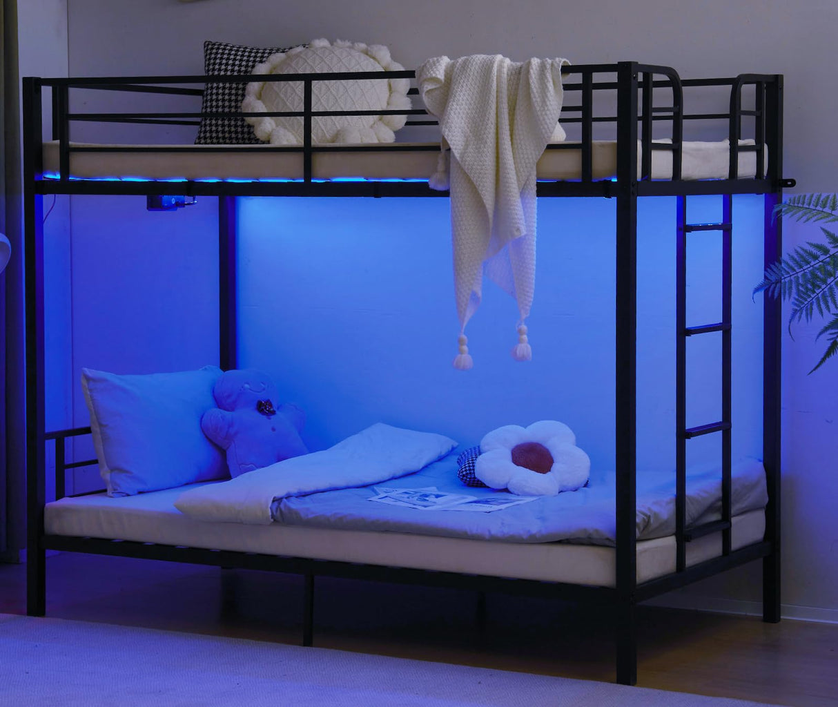 VINGLI Metal Bunk Bed Frame Twin Over Twin with LED Lights, Non-Slip Ladder, Full Length Guardrail, Charging Station, for Kids, Teens & Adults, Space-Saving, No Box Spring Needed, Black VINGLI