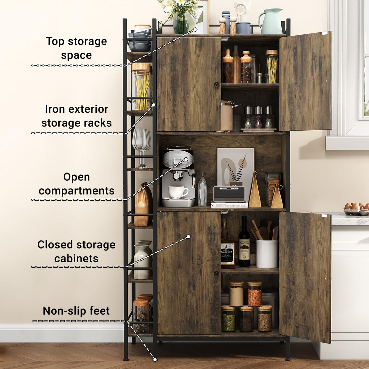 Seeday Industrial Style Kitchen Pantry Storage Cabinet, Brown Tall Kitchen Hutch with Microwave Stand, Food Pantry Cabinet with Side 6 Shelves and 2 Doors for Dining Room, Living Room Seeday