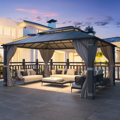 MELLCOM 12x16FT Hardtop Gazebo, Permanent Outdoor Aluminum Patio Gazebo with Aluminum Composite Double Roof for Patio Lawn and Garden, Curtains and Netting Included