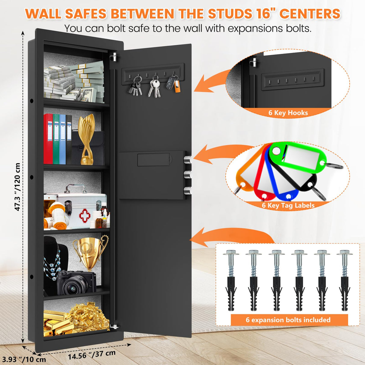 47.3" Tall Fireproof Wall Safes Between the Studs 16" Centers, Large Hidden Flush Wall Safe with 4 Removable Shelf & 6 Key Hooks, 48LB Heavy Duty Gun Safes for Home Rifle and Pistols, Money, Jewelry Nebakne