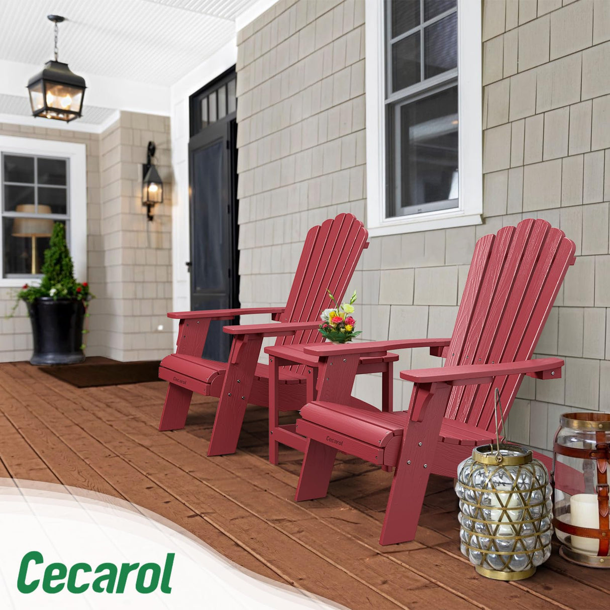 Cecarol Oversized Adirondack Chair Plastic, Outdoor Fire Pit Chair with Cup Holder, Adirondack Patio Chair Weather Resistant for Outside, Porch, Lawn, Garden- AC01, Red(Wood Grain) Cecarol