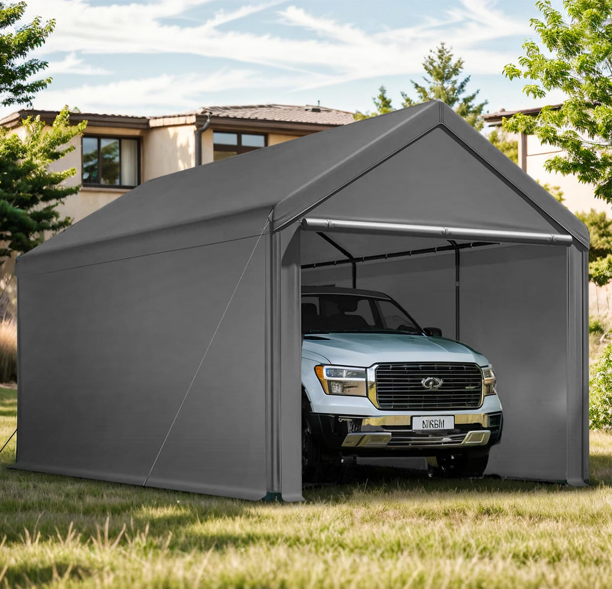 Carport, 10x20ft Heavy Duty Portable Garage, Car Port with Storage Shed, Car Canopy with Removable All-Season Tarp Sidewalls & Doors for Car, Truck, Boat, Party, Grey TANGJEAMER