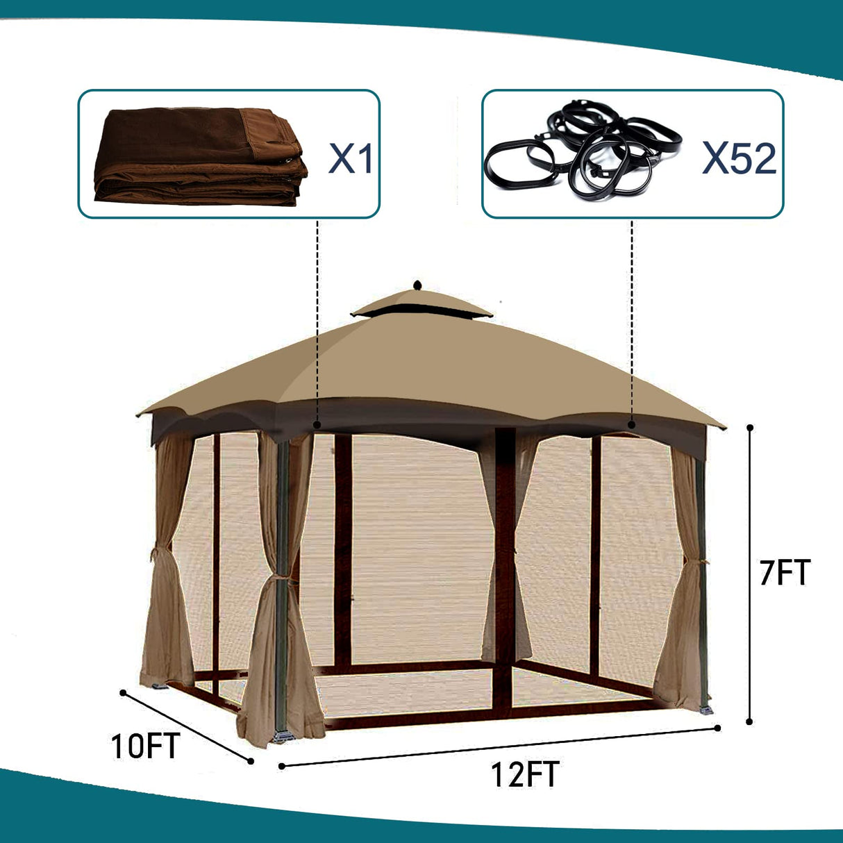 Gazebo Universal Replacement Mosquito Netting - Wonwon Outdoor Gazebo Canopy 4-Panel Screen Walls with Zipper for 10' x 12' Gazebo (Mosquito Net Only) (Brown) Wonwon