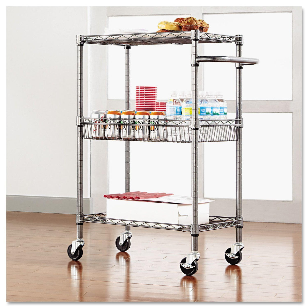 Alera ALESW342416BA 28 in. x 16 in. x 39 in. 500-lb. Capacity Three-Tier Wire Rolling Cart - Black Anthracite Alera