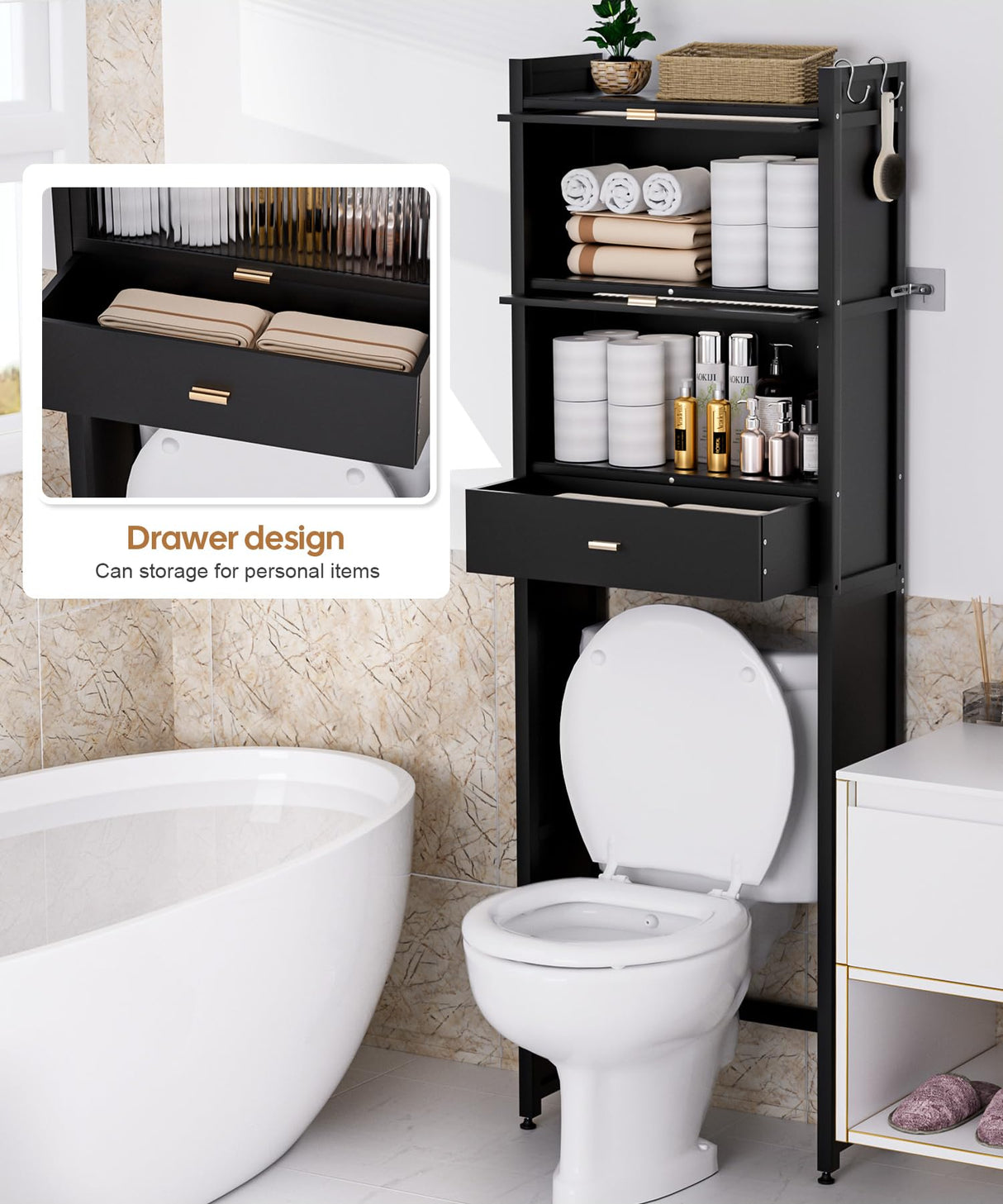 Cozivolife Over The Toilet Storage Cabinet with Drawer and Flip Door, Bamboo Bathroom Organizer Shelf with Anti-Tip Design and Waterproof Feet Pad,Freestanding Rack Above WC Space Saver (Black) Cozivolife