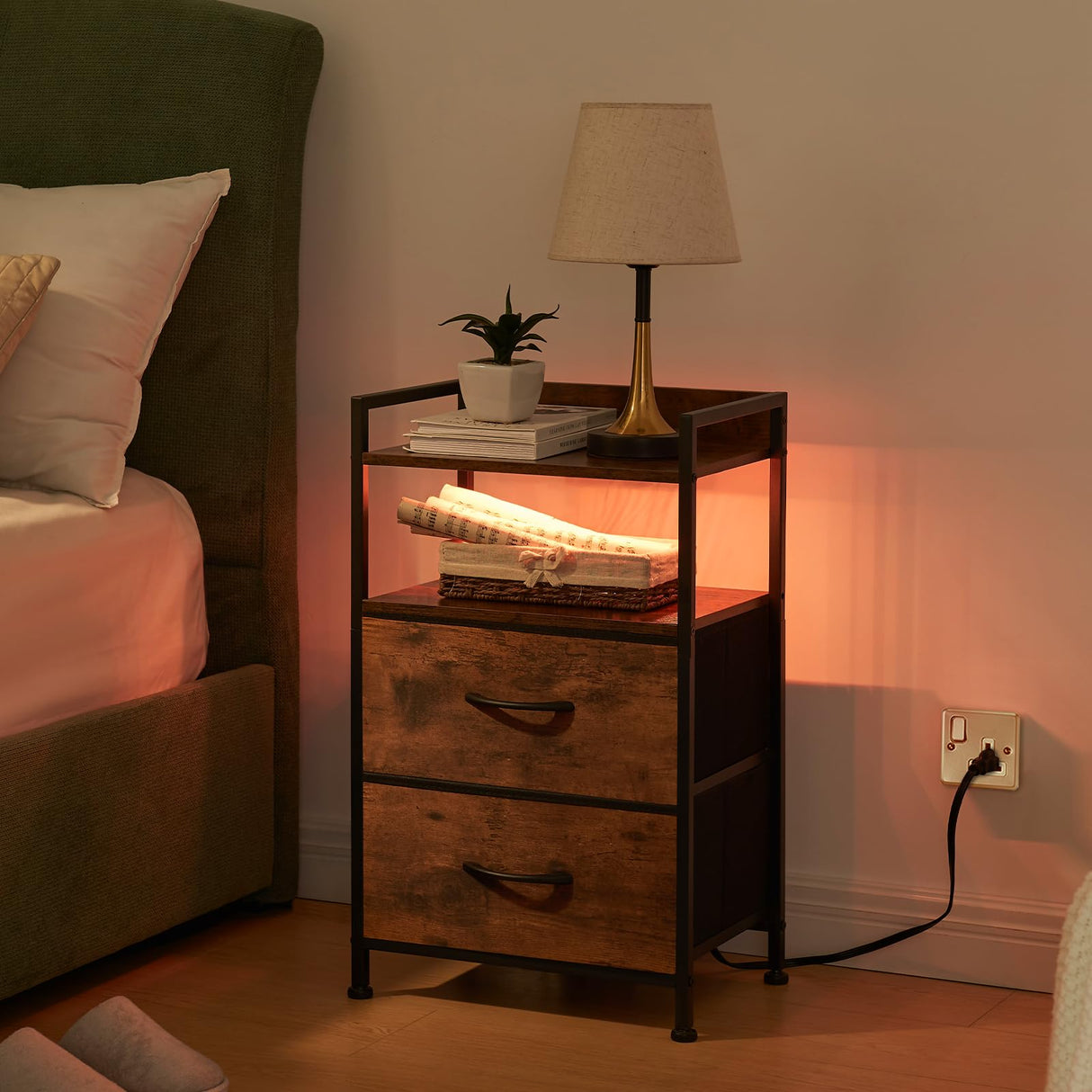 Somdot 2 Drawers Dresser with Charging Station and LED Light for Bedroom, Small Nightstand with Fabric Bins for Bedside Kids Dorm Room Closet Laundry Entryway, Wood Grain Print Somdot