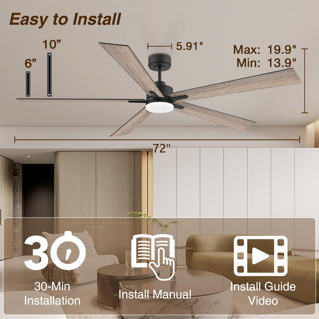 72" Large Smart Ceiling Fan with Lights Remote,Silent DC Motor,Control via WIFI Alexa Google App,Outdoor Indoor Modern Ceiling Fans for Big Living Room Patio,Dimmable,5 Blades Brown Black Walnut Livory