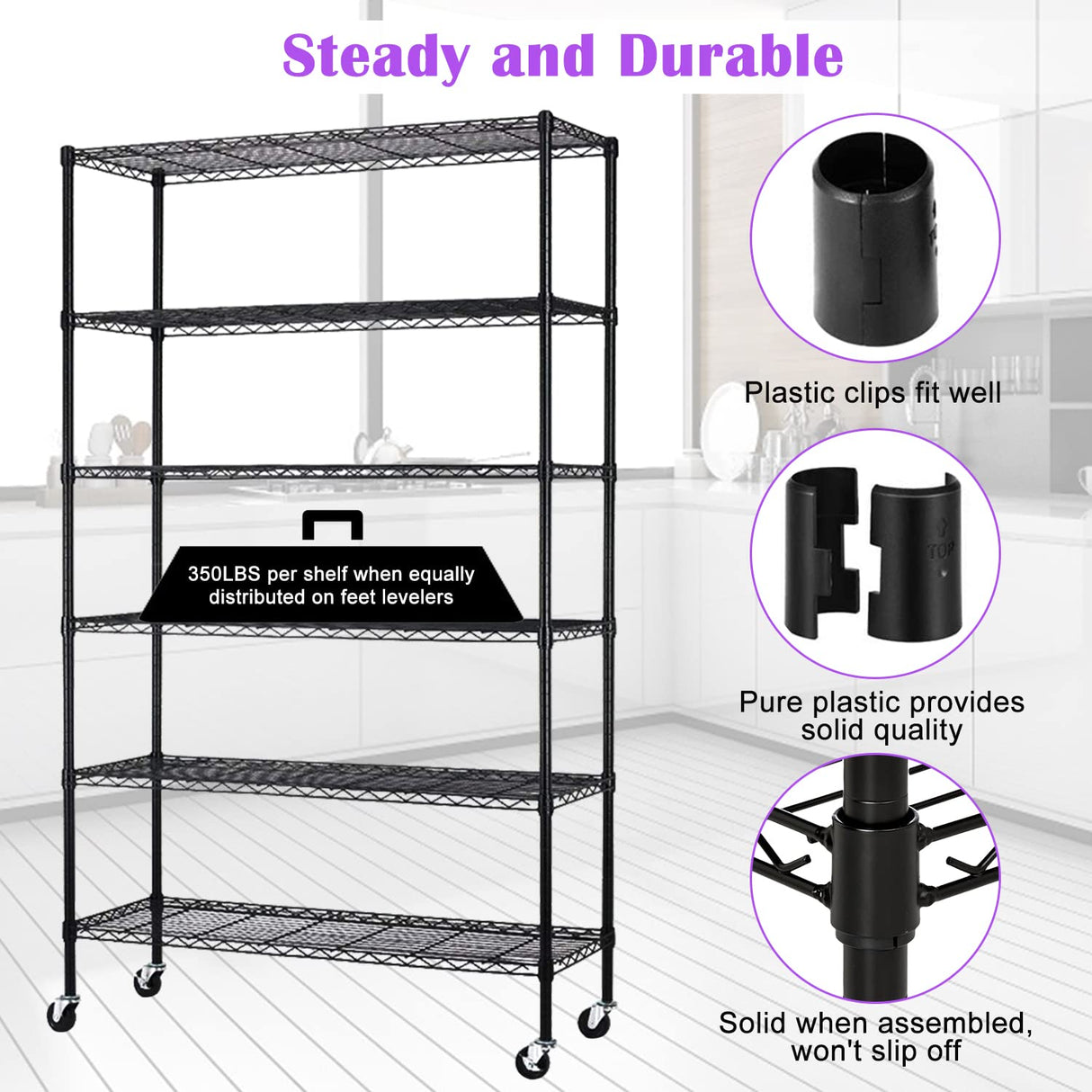 Storage Shelves 6-Tier Wire Shelving Unit Garage Shelving with Wheels 2100LBS Capacity,18" D x 48" W x 78" H Metal Shelves Storage Rack Heavy Duty Shelving for Garage Kitchen Pantry,Black Capacmkseh