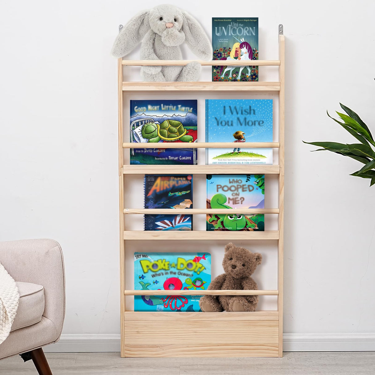 SweetBin Kids Bookshelf 4-Tier - Space-Saving Behind The Door Storage Shelf - Pine Wood Thin Bookshelf 4 Shelves Wall Mounted - Suitable for Children's Books in Bedroom, Living Room and Nursery SweetBin