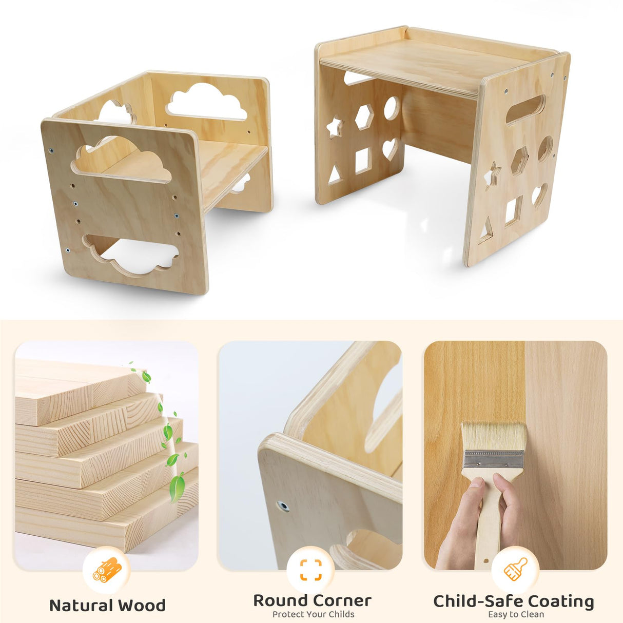 Montessori Weaning Table and Chair Set, Wooden Toddler Table and Chair Set Kids Activity Table Step Stools with Blackboard & 3 Heights Adjustable, 1-3 Age Kids Funiture for Eating Drawing Reading Satisure