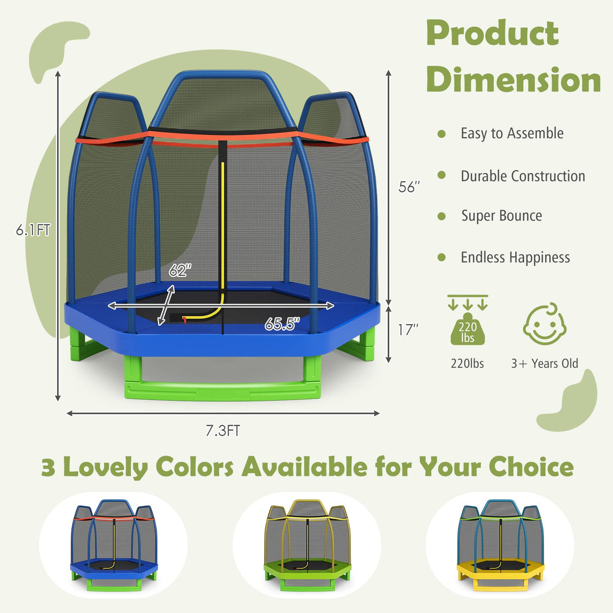 Giantex 7FT 84” Kids Trampoline for Toddlers with Enclosure Net, ASTM Approval & Widened Base for Indoor Outdoor Giantex