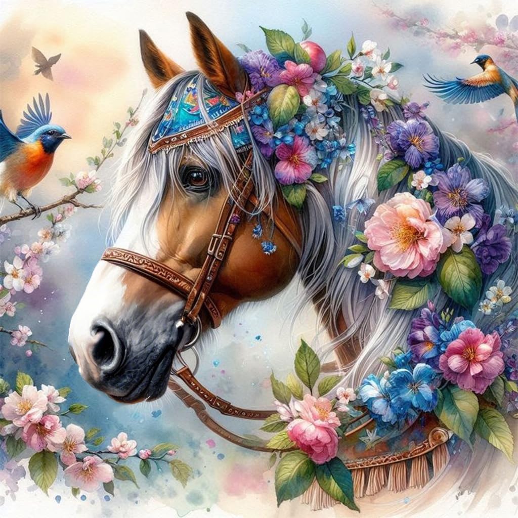 Ekuxom Horse Diamond Art Painting Kits for Adults, Round Full Drill Animal Diamond Art Kits, 5D DIY Horse Painting Crafts Home Wall Decor Gifts 12x12 inch Ekuxom