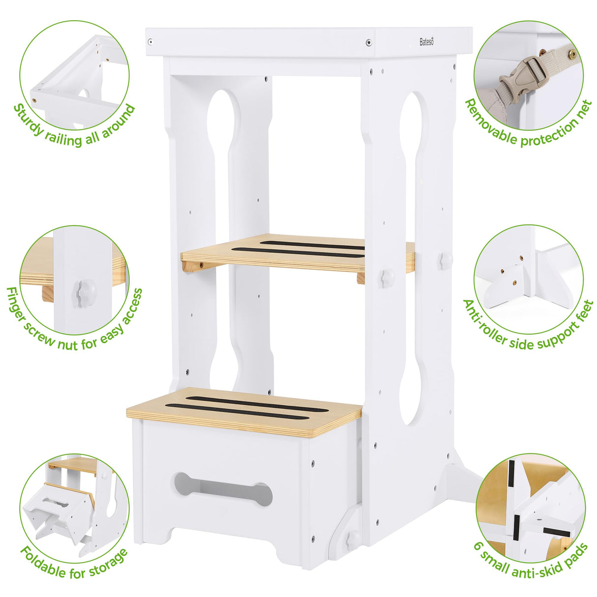 Bateso Toddler Standing Tower, Adjustable Height Toddler Kitchen Stool Helper for Kids 1-6, Toddler Kitchen Step Stool with 2 Detachable Nets, Wooden Montessori Toddler Tower for Kitchen Counter Bateso