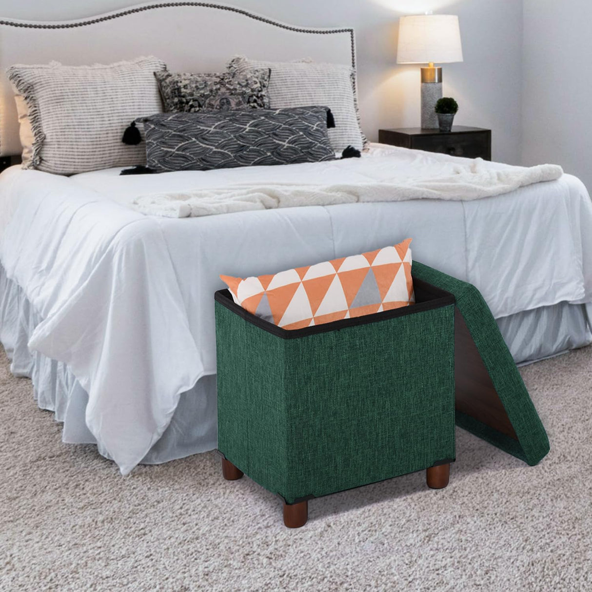 15 Inches Storage Ottoman with Wooden Legs, Cube Foot Rest Stool/Square Footstool Storage for Living Room, Foldable Fabric Ottoman, Comfortable Seat with Lid, Space-Saving Green Ao Lei