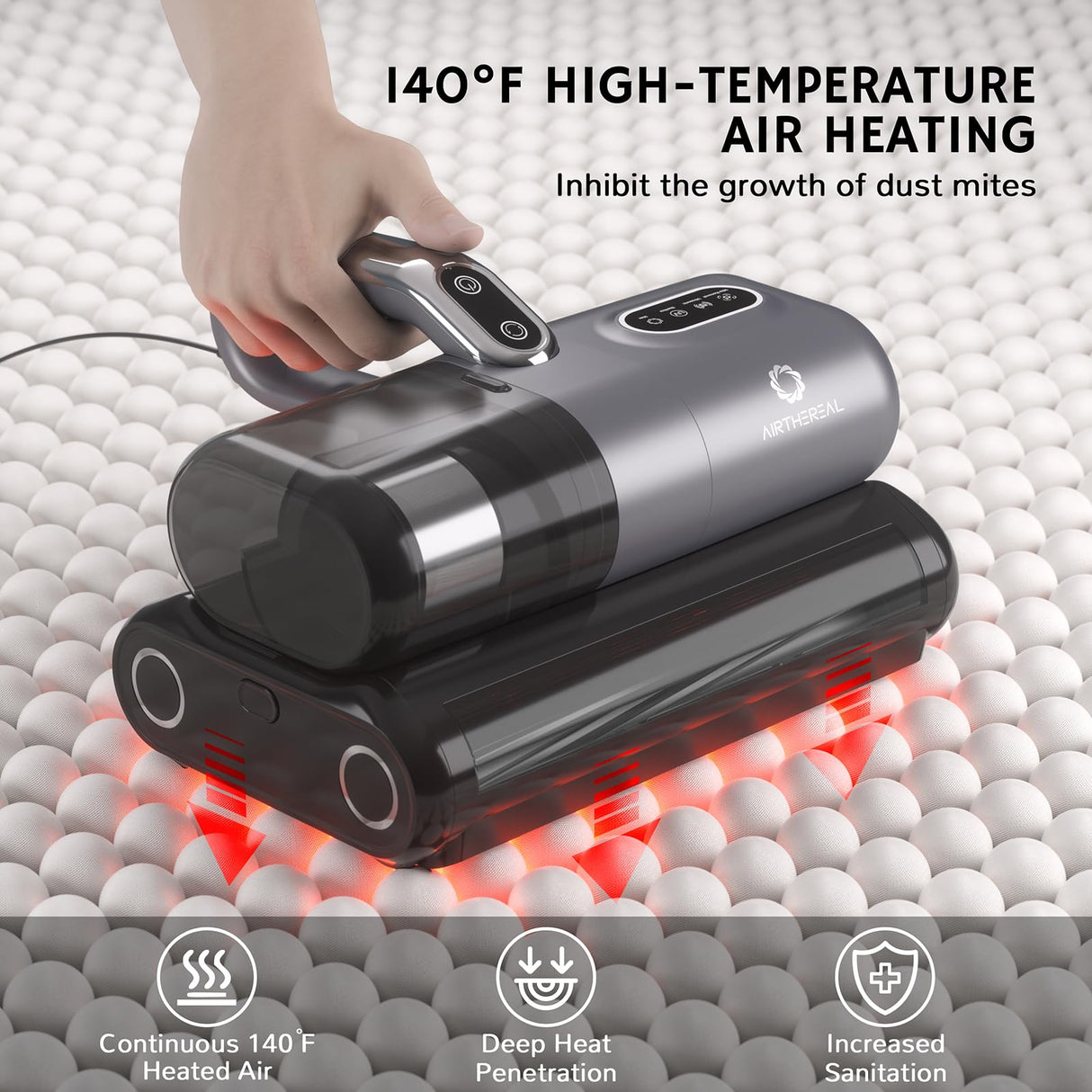 AIRTHEREAL M1 Mattress Vacuum Cleaner, 6 in 1 Bed Vacuum with High-Frequency Vibration - 80,000 RPM Dual Brushroll Rotation, UV-C Light, 14Kpa Suction, Dust Sensor, Ultrasonic and Heating Tech AIRTHEREAL