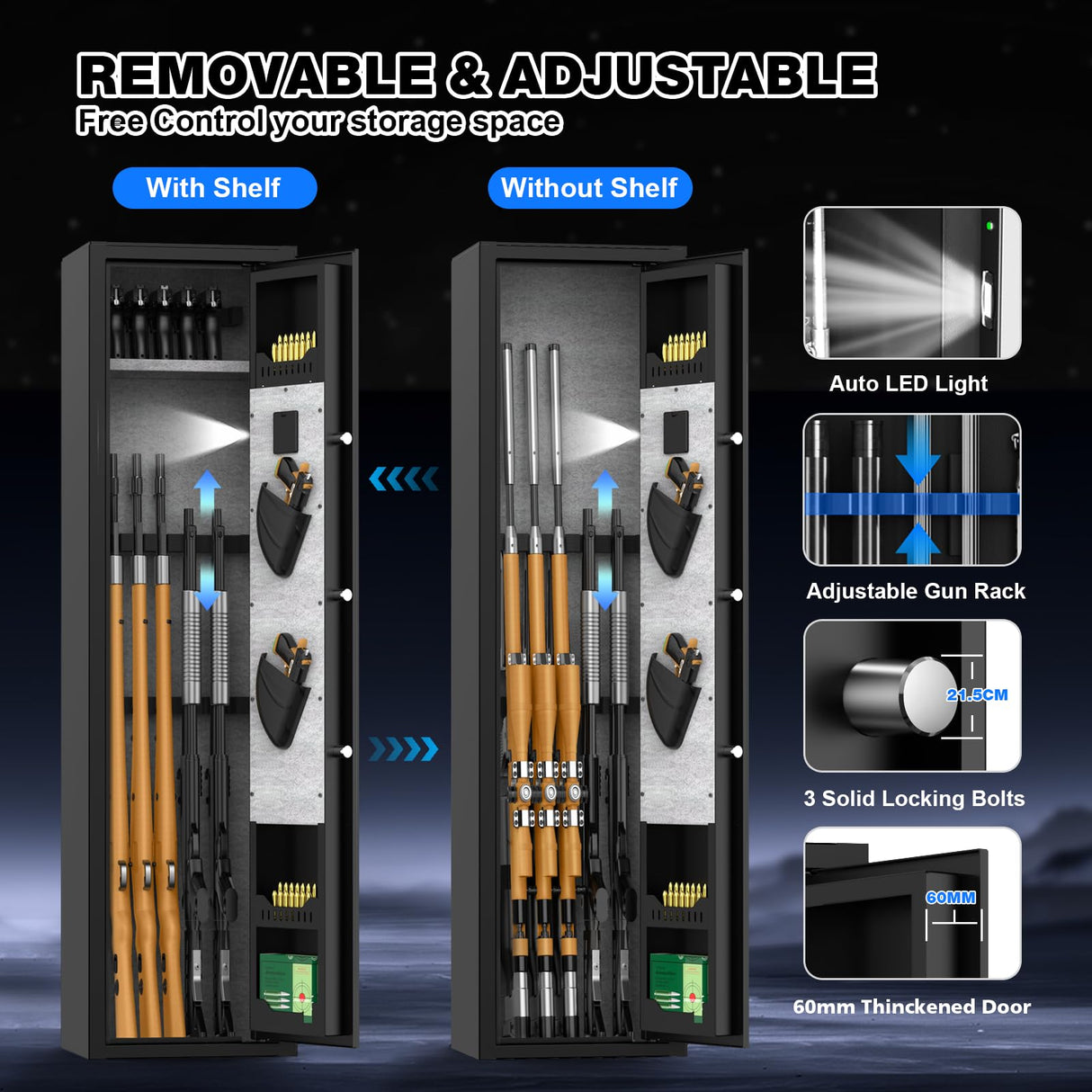 KARUIKEV 3-5 Large Gun Safes for Home Rifle and Pistols (with/without Scope),Quick Access Long Rifle Safes for Home,Gun Cabinets with Fingerprint Keypad, Adjustable Pistol Rack, Removable Shelf Karuikev