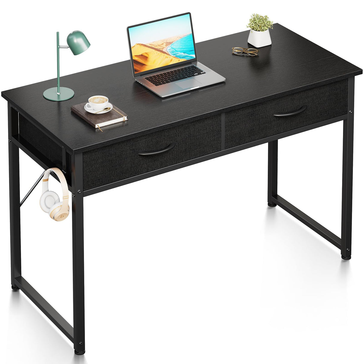ODK 40 Inch Small Desk with Fabric Drawers- for Bedroom, Black Study Desk with Storage, Home Office Computer Desk for Small Spaces, Modern Work Writing Kids Table, Black ODK